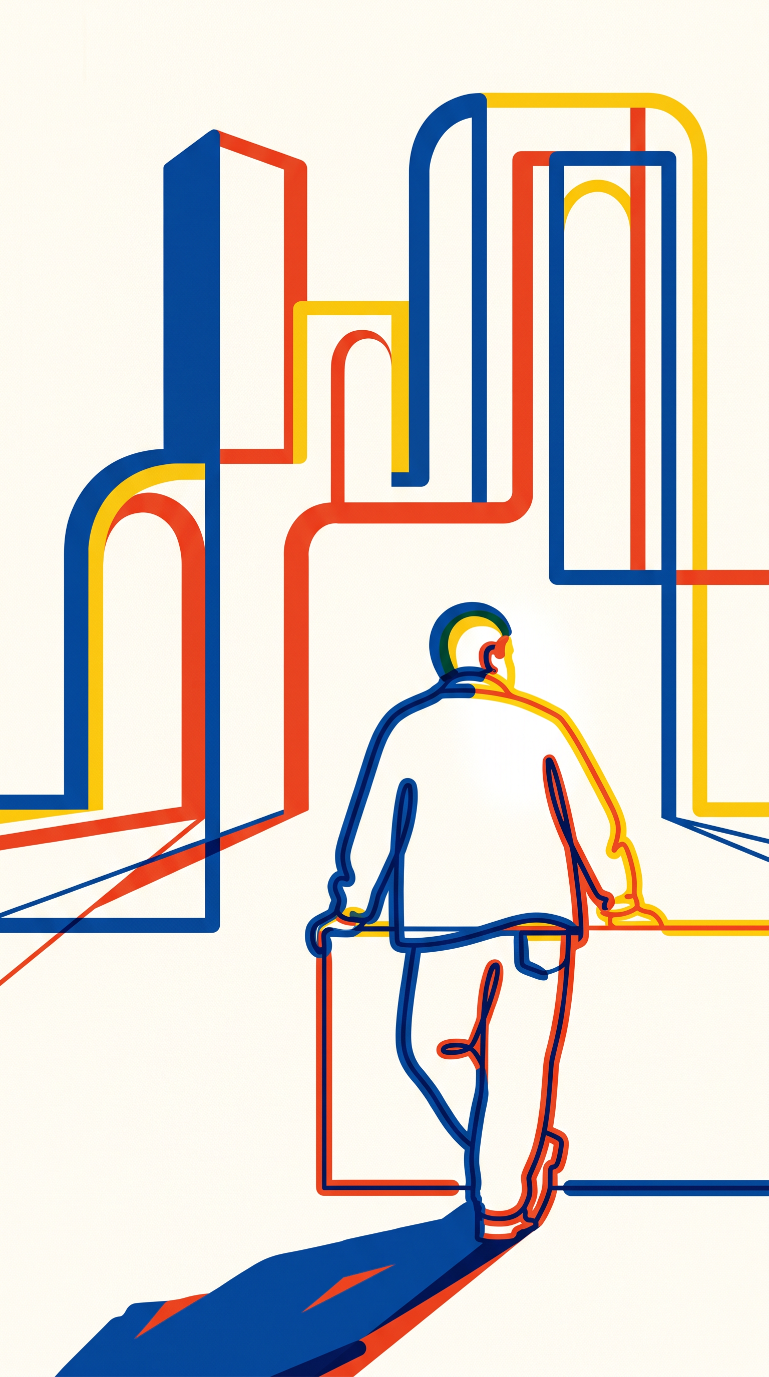 An invented human figure within a Bauhaus scene.