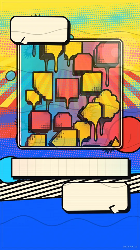 Pop Art. Layered collage — halftone dot bands, stickers, ink overlay