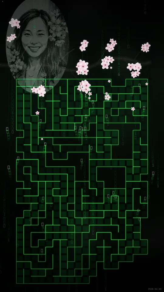 Japanese sumi-e cherry blossom painting meets The Matrix. Maze generation