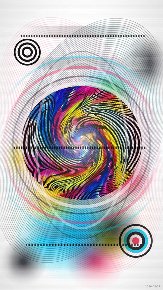 Op Art. Optical illusion — layered moire ellipses over fluid color blooms