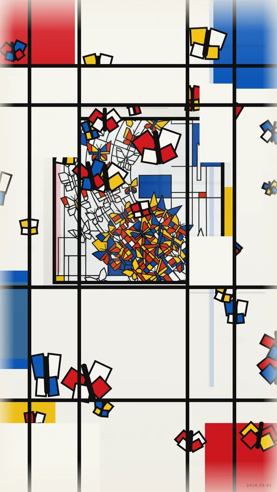 De Stijl. Butterfly migration — animated butterflies landing on architectural ledges
