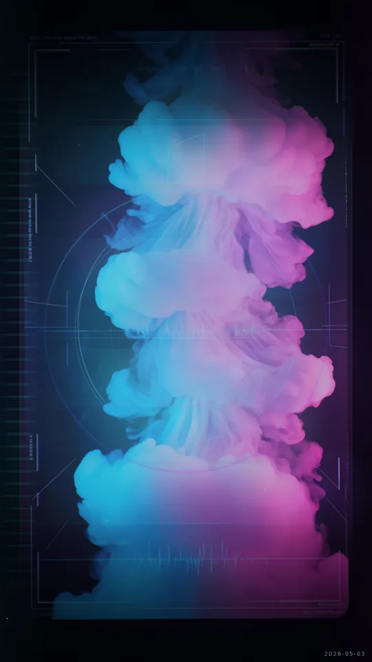 Vaporwave / Cyber. Fluid simulation — neon plasma blobs drifting over dark void with noise texture