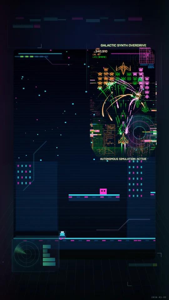 Vaporwave / Cyberpunk Pixel Art. Auto-running pixel platformer — synthwave city skyline with neon grid floor and ambient synth score