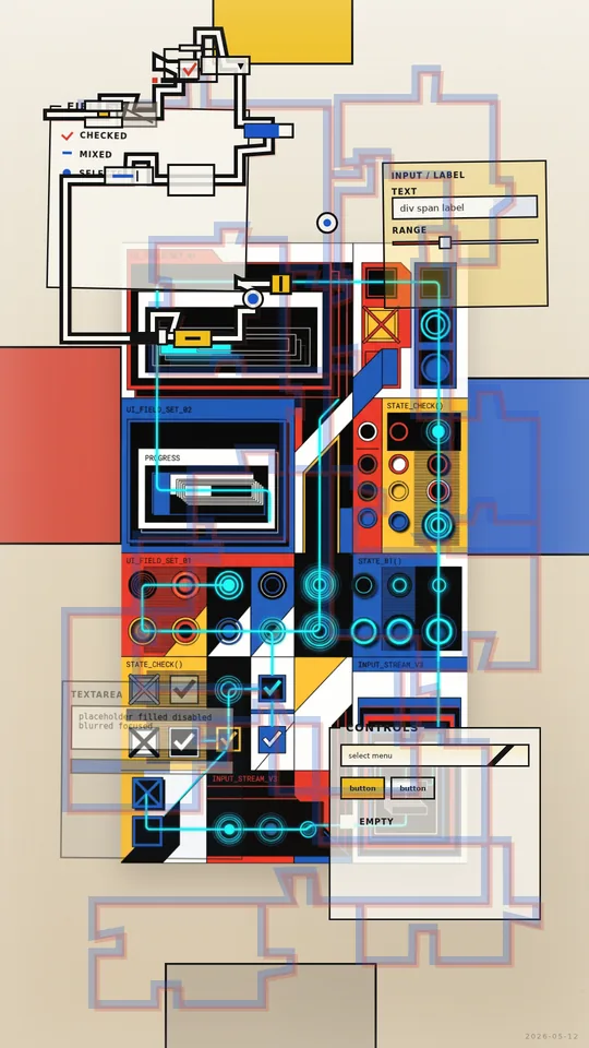 HTML Primitives / Interface Archaeology. A contemplative rumination on HTML building blocks: sliders, radios, checkboxes, divs, inputs, and text boxes as visual language
