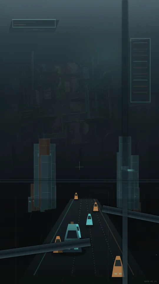Synthwave / Neon-Noir Auto-Runner. Endless rain-soaked highway racer through a teal-and-amber neon city with parallax skyline, rival cars, HUD panels, and ambient synth drone