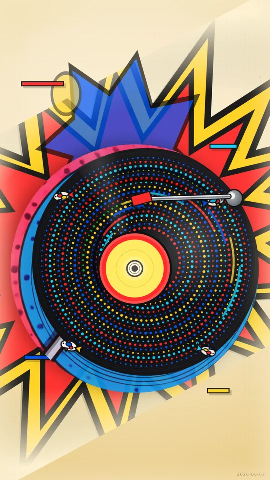Pop Art / Vinyl Koi. A spinning record collage with comic bursts, halftone grooves, koi orbiting the disc, a sweeping tonearm, and embedded video texture