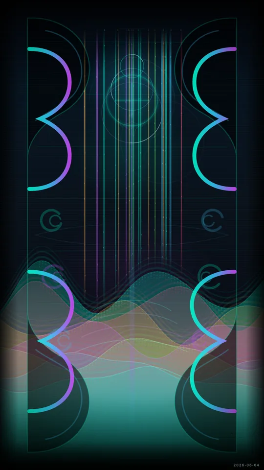 Cyber / Neon Sandscape. Neon sand streams fall into layered dunes framed by glowing HUD panels, koru motifs, scanlines, and a faint sparrow glyph