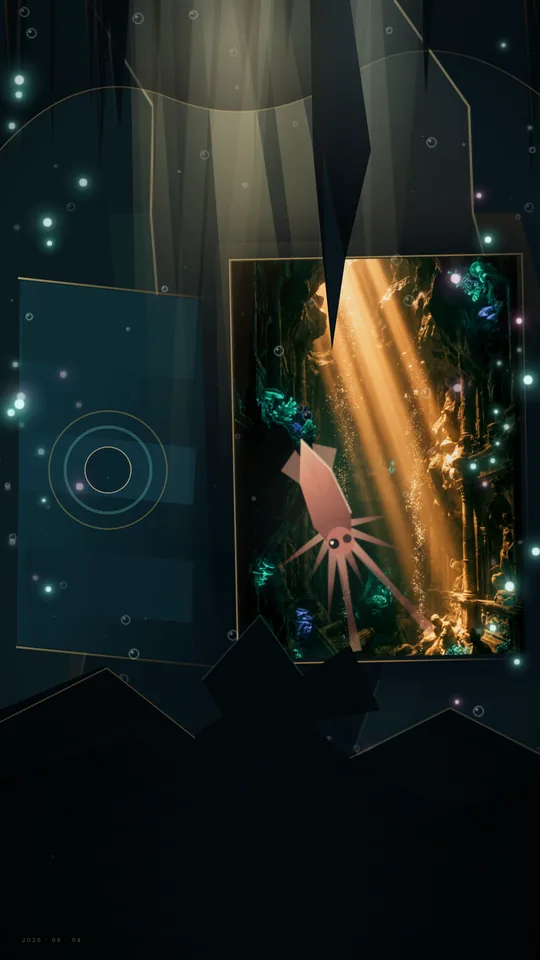 Baroque Tenebrist Underwater Triptych. A gilt-framed cavern triptych submerged in teal gloom, where godray shafts sway over rock strata as a luminous squid pulses among rising bubbles and bioluminescent motes.
