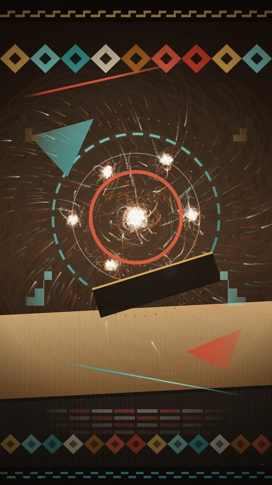 Southwest Suprematist Textile Cosmology. A Navajo-weave and Hopi-terrace poster in ochre, turquoise and red where concentric rings breathe and slowly rotate while 1400 glowing particles orbit six drifting attractors in a six-fold cosmic mandala.