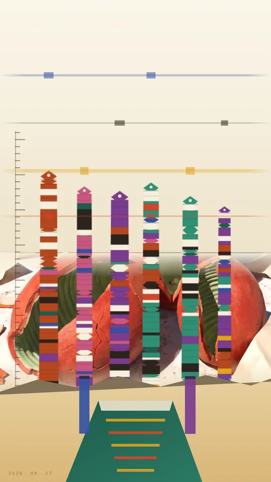 Mid-century Bauhaus Geological Infographic. Six banded core columns rise from a layered ochre horizon over a photographic band of fractured terracotta vessels, while datum rules and an emerald ledger wedge drift slowly.
