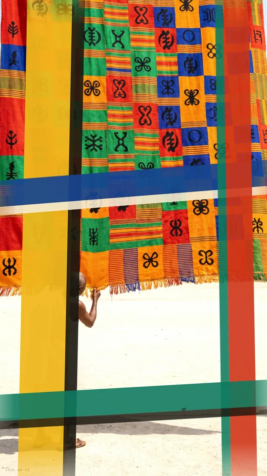 Kente Loom Weave / Bauhaus Collage. A vertical portrait sits inside a strip of Kente-striped cloth that a shuttle is still weaving row by row, while bold cobalt, vermilion and emerald bands drift slowly across the frame.