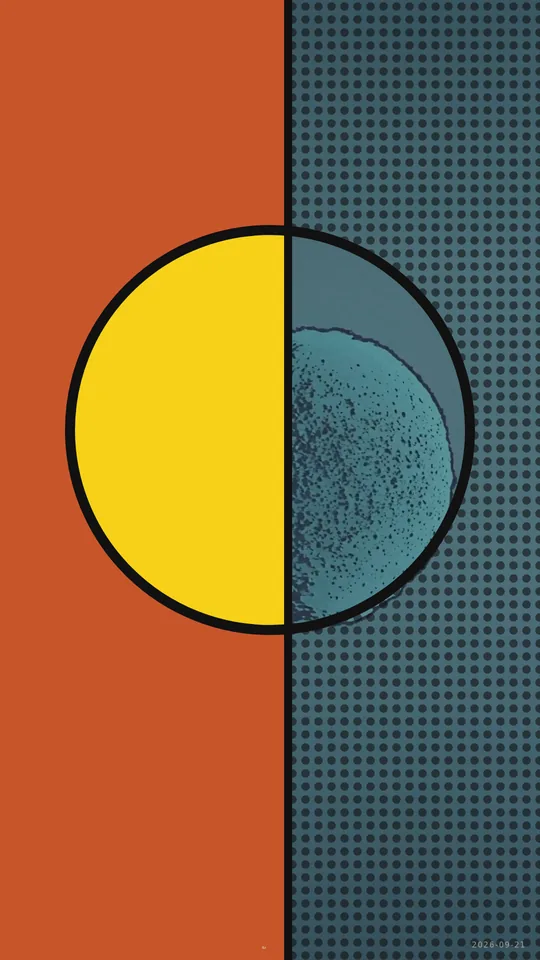 Pop Art / Kinetic Split Screen. An orange and blue halftone field frames a black-outlined yellow circle, while a vertical divider sways across the circle to reveal moving blue video texture.