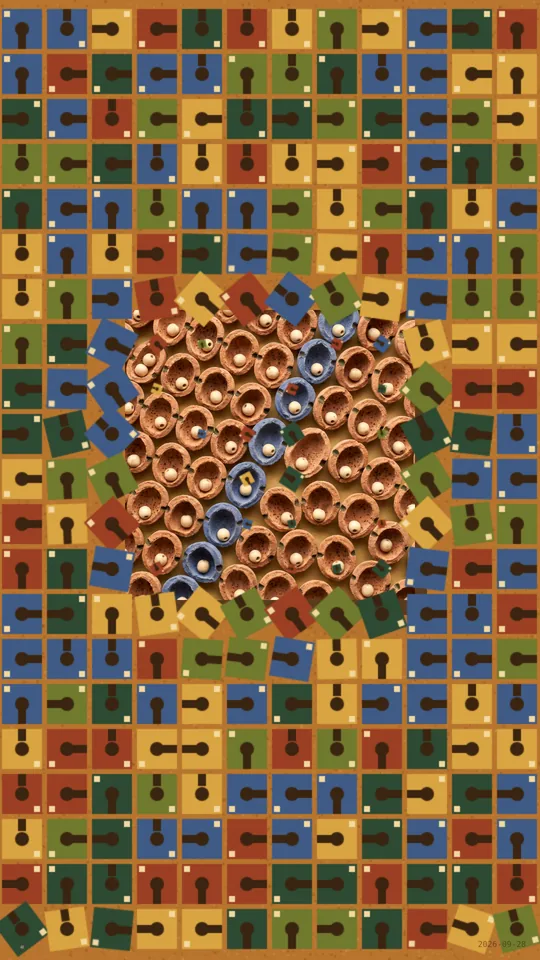 Kinetic Mosaic / Rotating Latches. Earth-toned notched tiles rotate in waves, revealing and concealing terracotta and blue shells cradling pale beads.