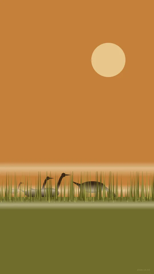 Minimalism / Cranes in Mist. Cranes cross an ochre wetland beneath a pale sun, dipping their heads among olive reeds as horizontal bands of mist drift past.