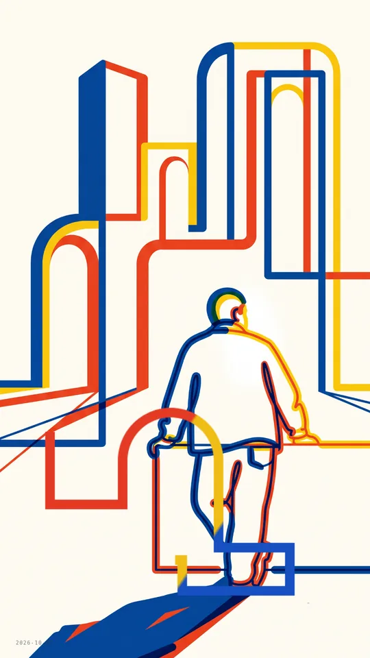Bauhaus / Figure in a Line City. Red, yellow and blue outlines form a city around a figure seen from behind, while a continuous geometric line slowly traces and retracts across the foreground.