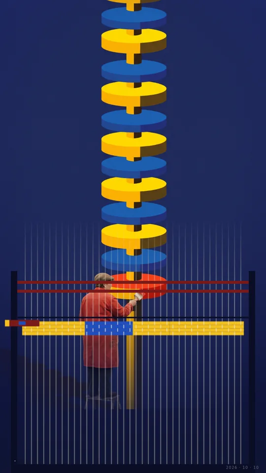 Bauhaus / The Loom. A painter on a stepladder colors a tower of yellow and blue discs while a loom below weaves rows of red, yellow and blue, one row per shuttle pass.